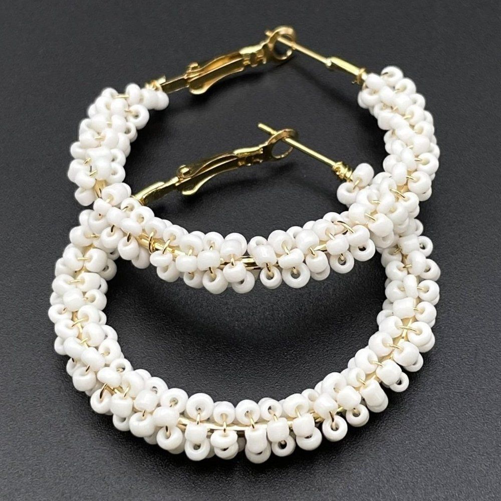 Yellow Gold Wire Wrapped White Beaded Open Round Hinged Post Hoop Earrings